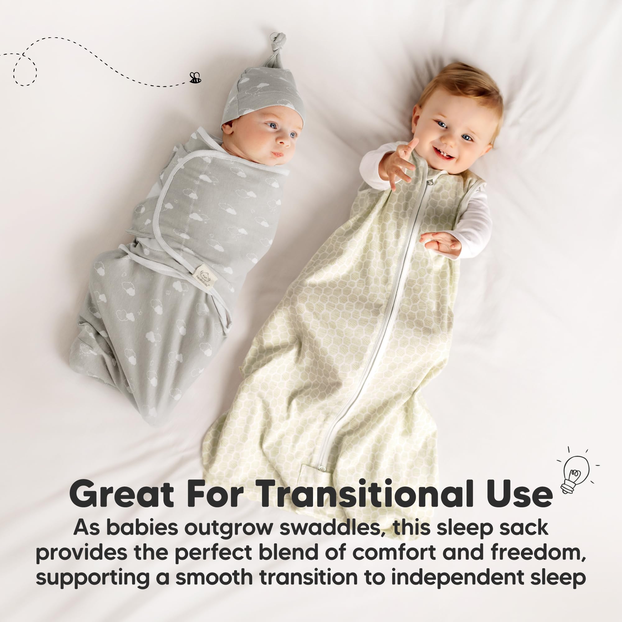 KeaBabies sleep sack hip area allows leg movement for comfortable sleep.