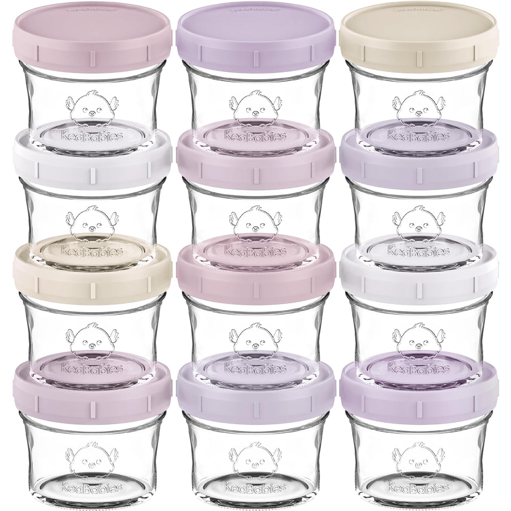KeaBabies 12-pack 4oz glass jars with lids, compact storage for homemade baby foods.