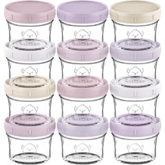 KeaBabies 12-pack 4oz glass jars with lids, compact storage for homemade baby foods.