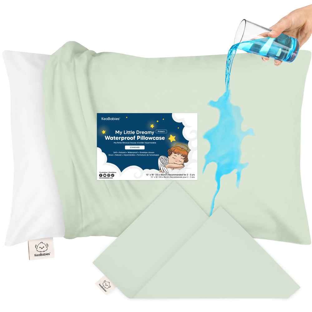 KeaBabies 13x18 waterproof toddler pillowcase in Sage protects against moisture and stains.