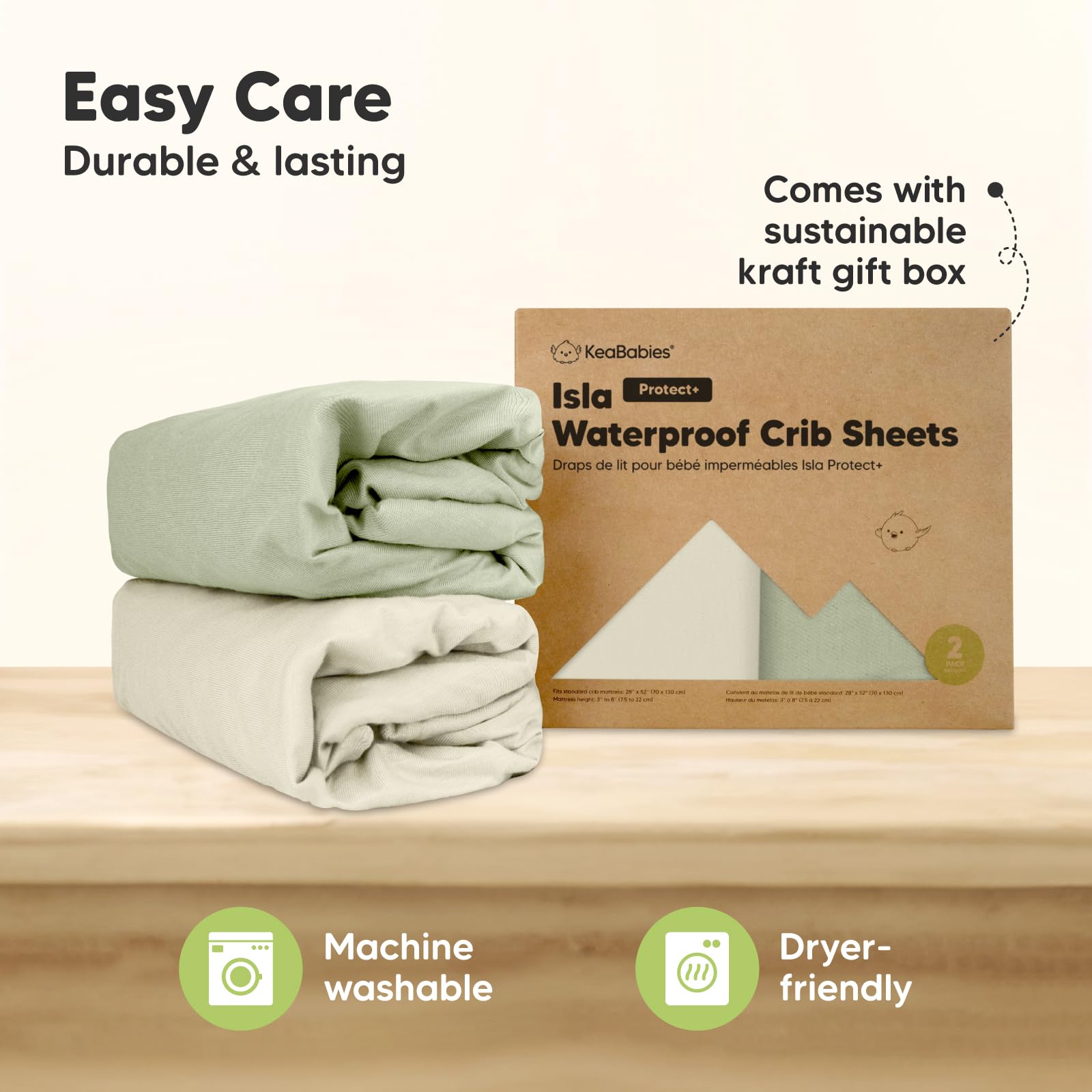 KeaBabies standard 52x28 crib size compatibility shown for most cribs.