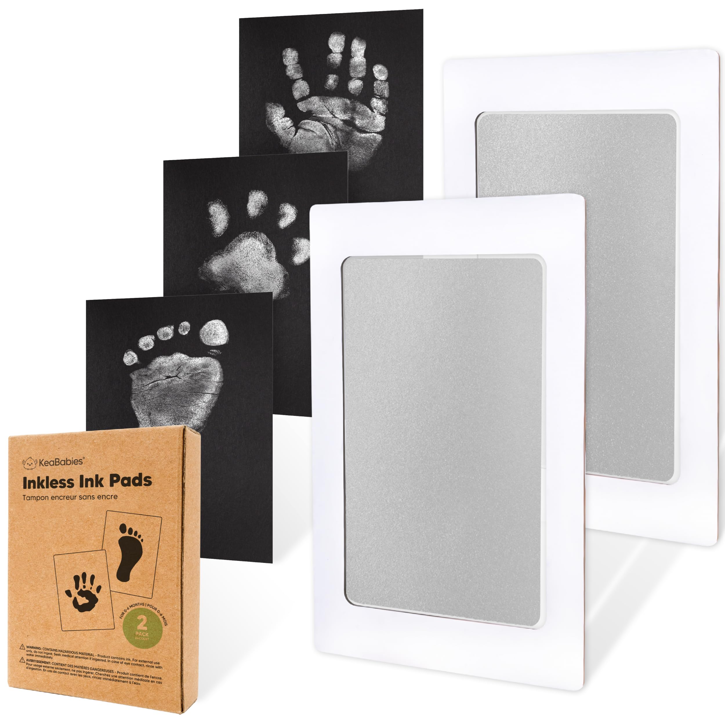 KeaBabies 2-pack inkless hands and feet kit in silver for mess-free newborn keepsakes.