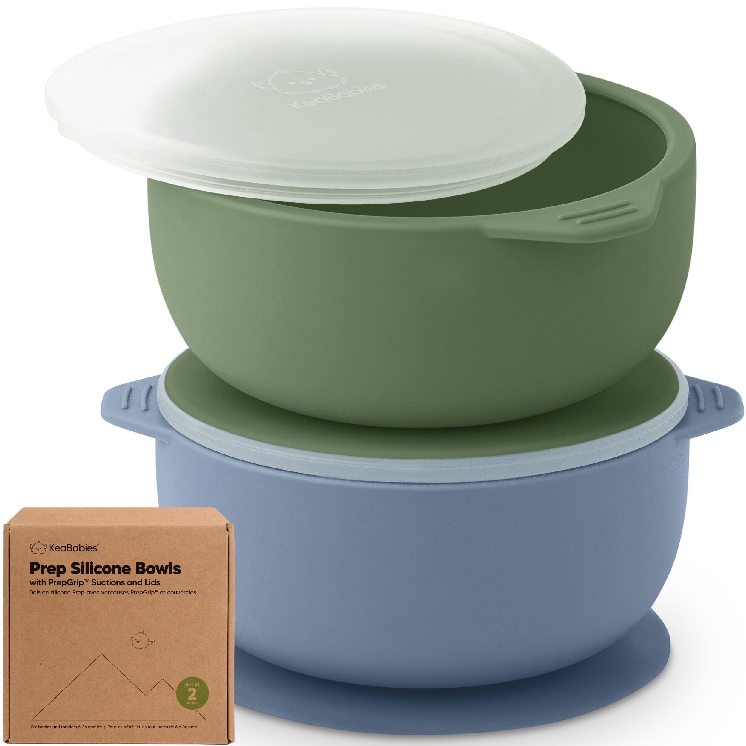 KeaBabies 2-pack silicone suction bowls with lids shown for spill-free mealtime