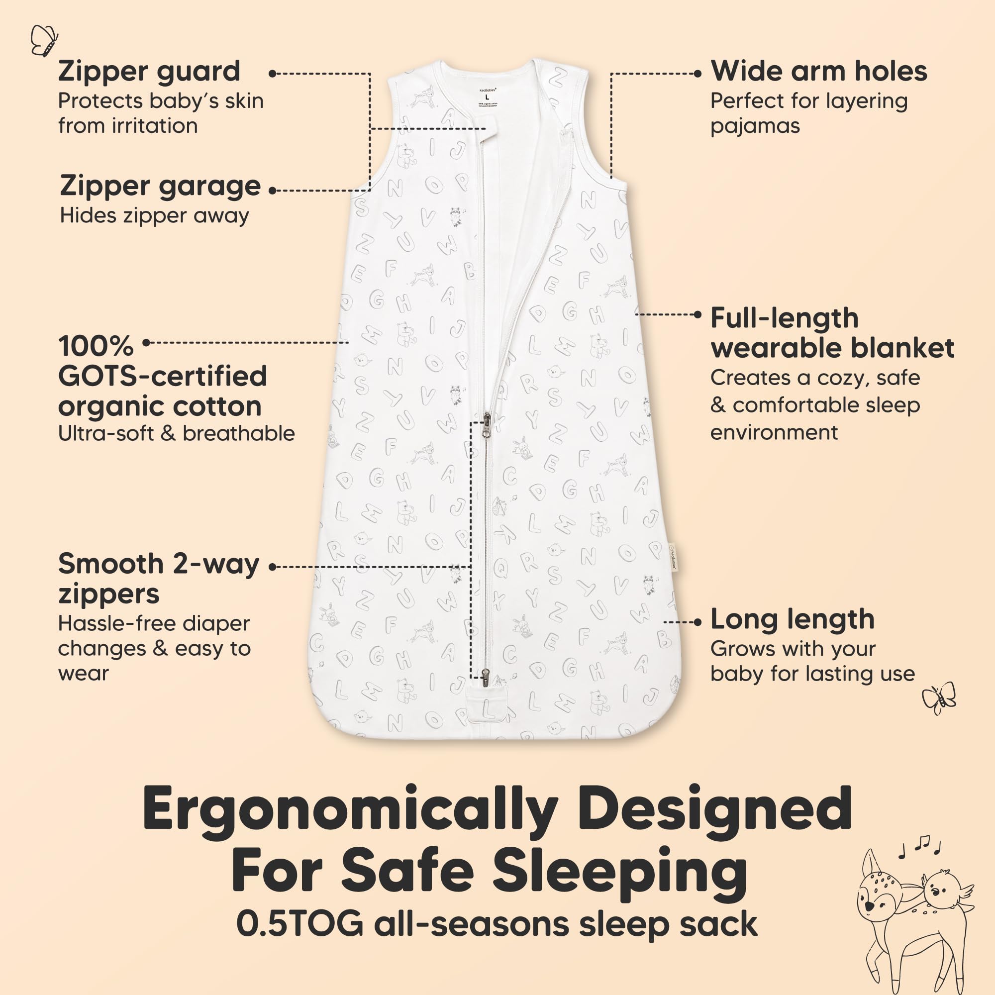 KeaBabies 2-pack sleep sack ABC Land Sky on baby demonstrates cozy fit