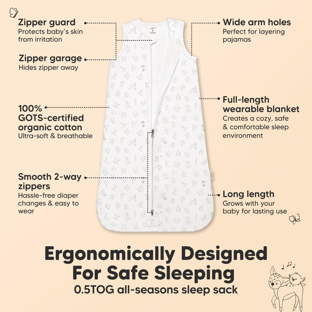 KeaBabies 2-pack sleep sack ABC Land Sky on baby demonstrates cozy fit