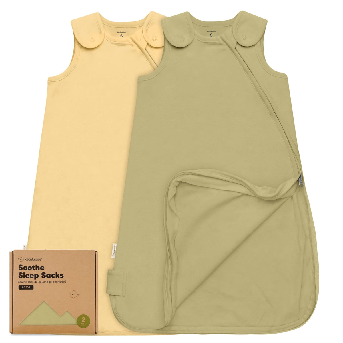 KeaBabies 2-pack sleep sacks avocado, front view, ergonomic safety for baby sleep