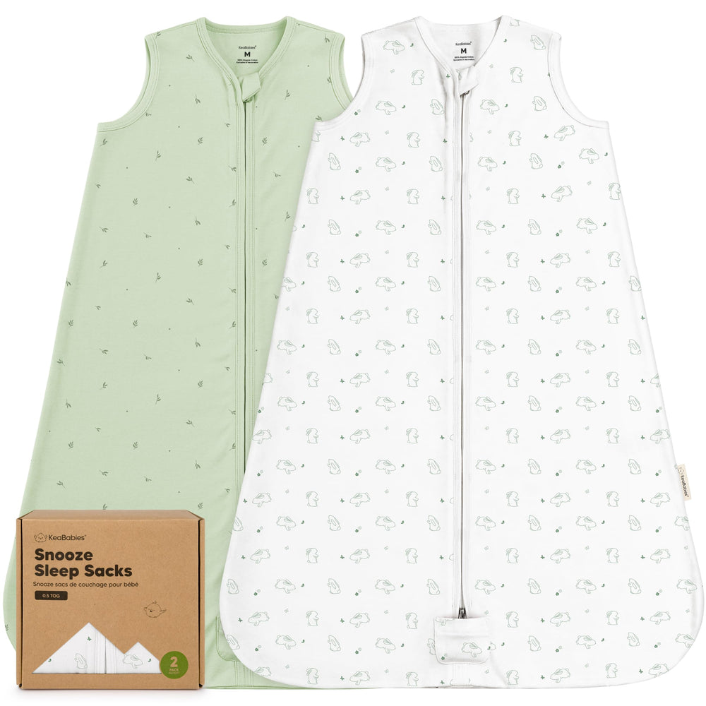 KeaBabies 2-pack sleep sacks laid flat, highlighting ergonomic safety for smooth diaper changes.