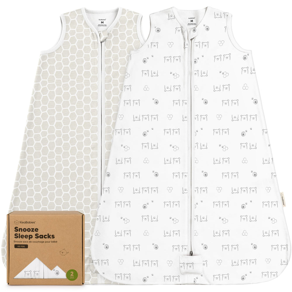 KeaBabies 2-pack snooze sleep sacks flatlay shows breathable organic cotton for gentle sleep.