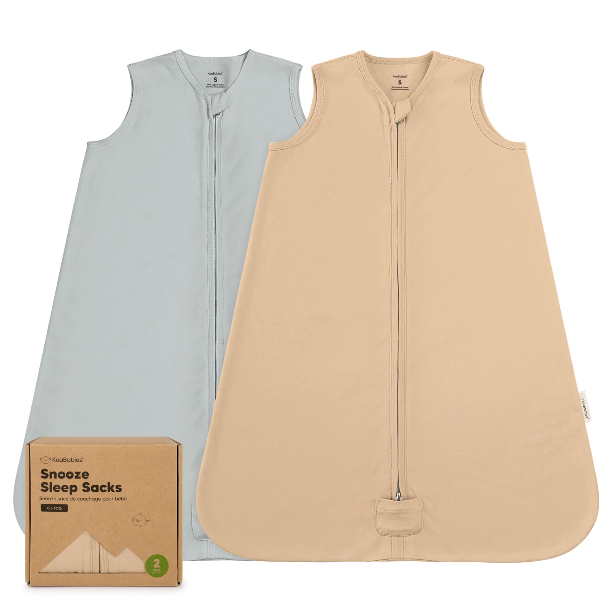 KeaBabies 2-pack sleep sacks shown with open zipper for quick changes.