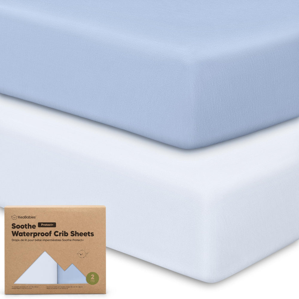KeaBabies 2-pack waterproof crib sheets in blue flax for mess-free naps.