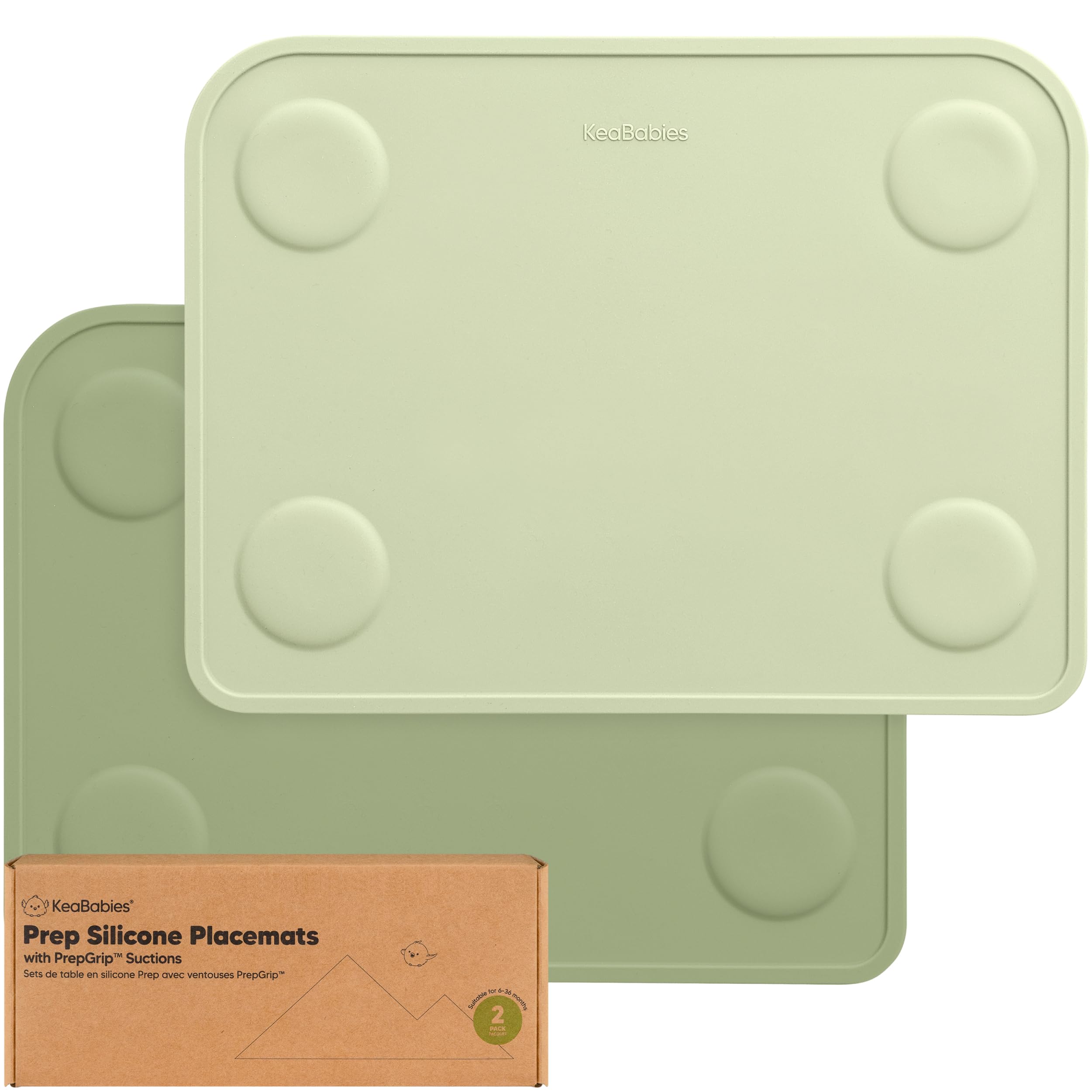 KeaBabies 2-pack silicone placemats in Sage prevent slips during meals.