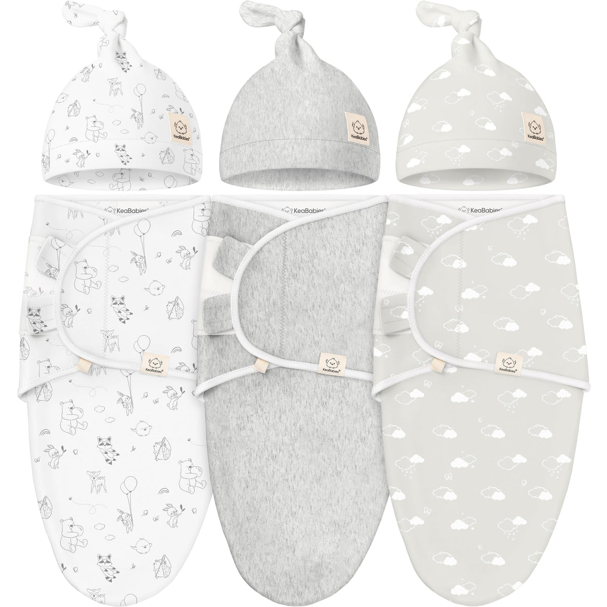KeaBabies 3-pack swaddles with hats for secure, cozy wrapping during newborn months