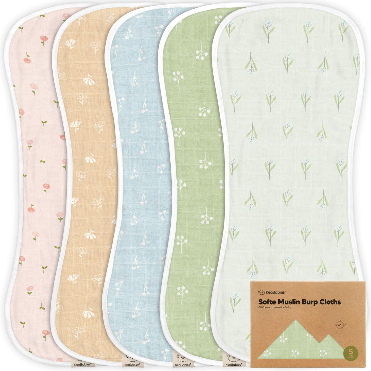 KeaBabies 5-pack muslin burp cloths protect outfits during feedings.
