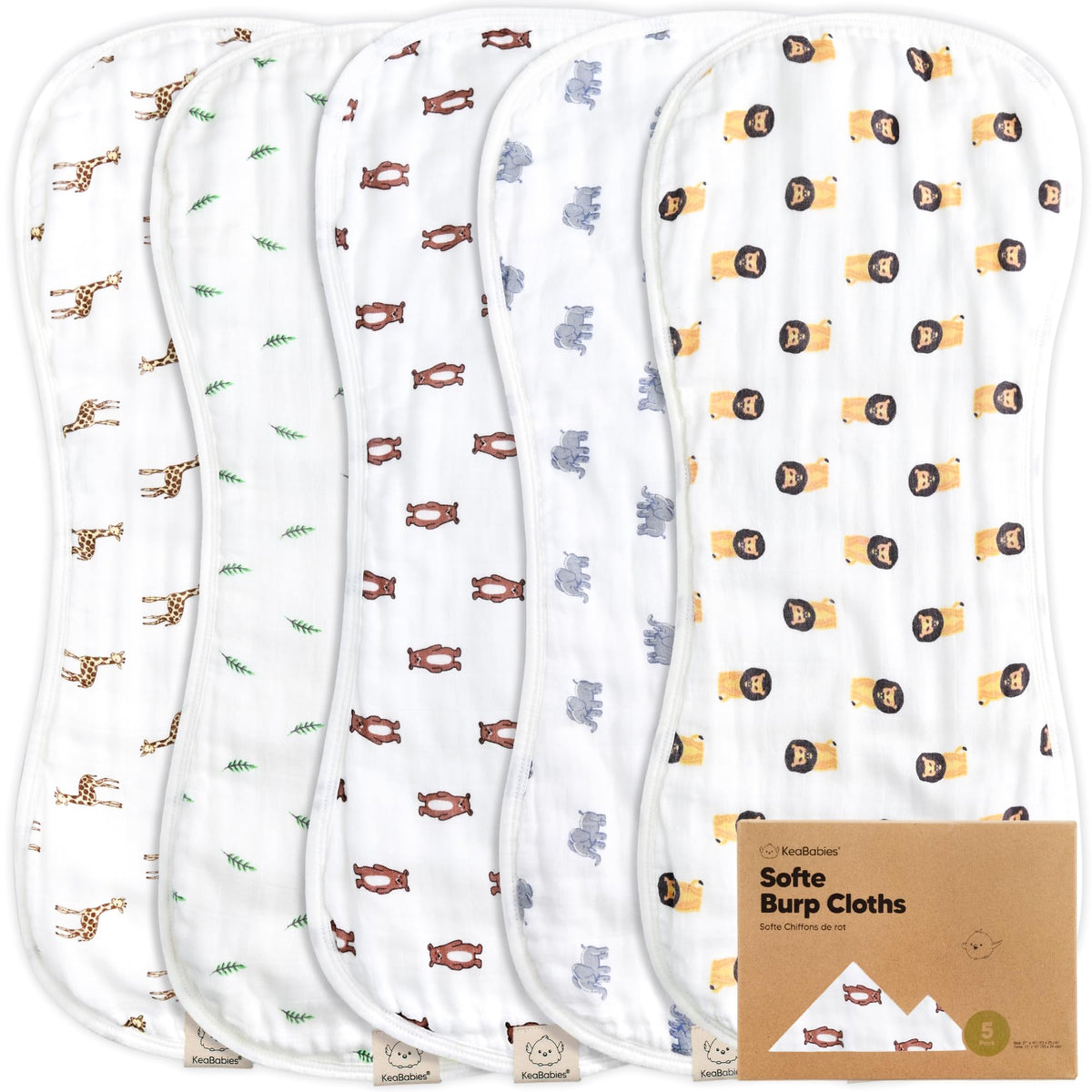 KeaBabies 5-pack burp cloths set displayed together for easy mess protection.