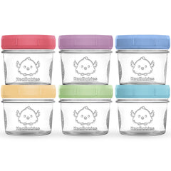 KeaBabies 6-pack glass jars with lids showing airtight seal for fresh snacks.