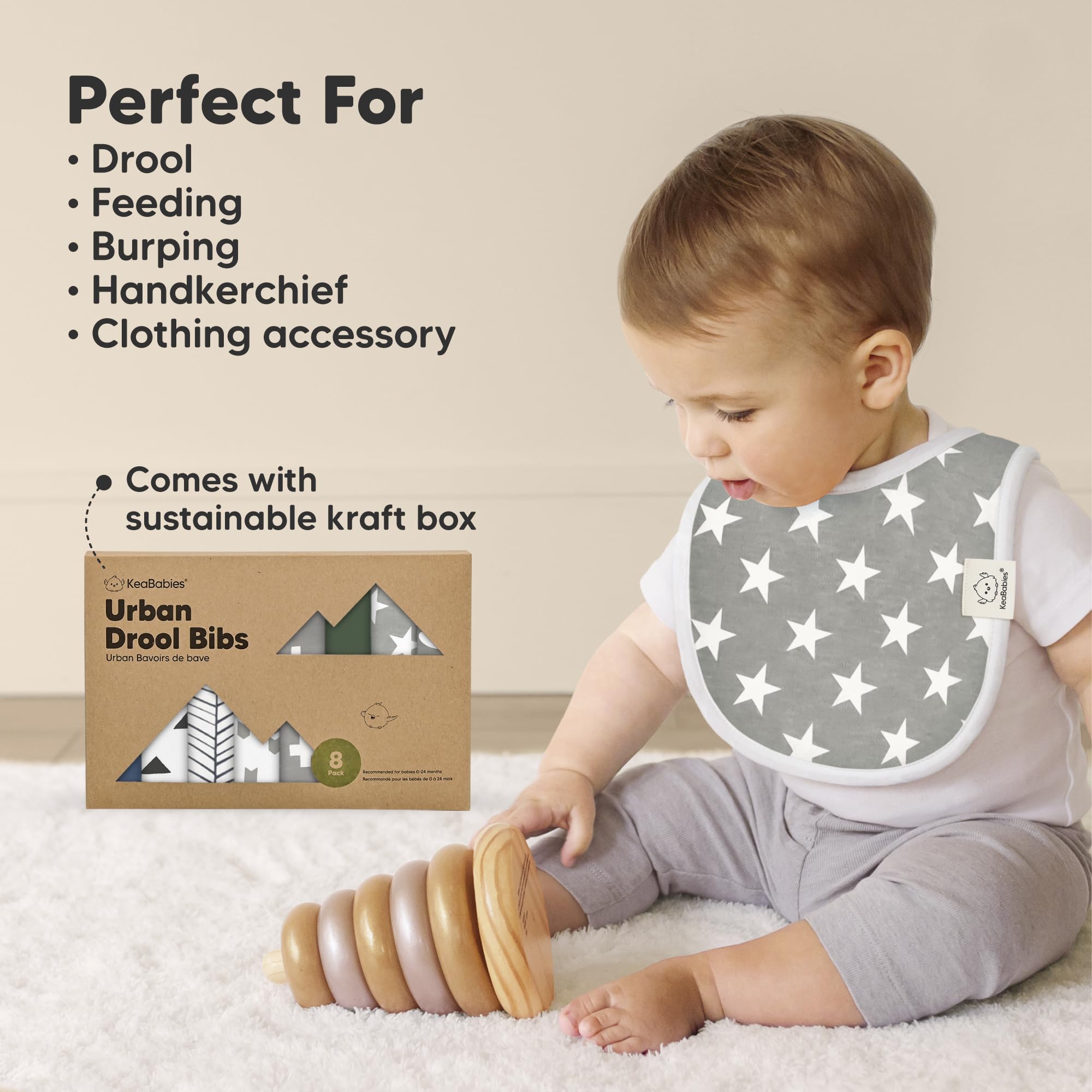 Drool-ready bib catching spills during teething sessions.