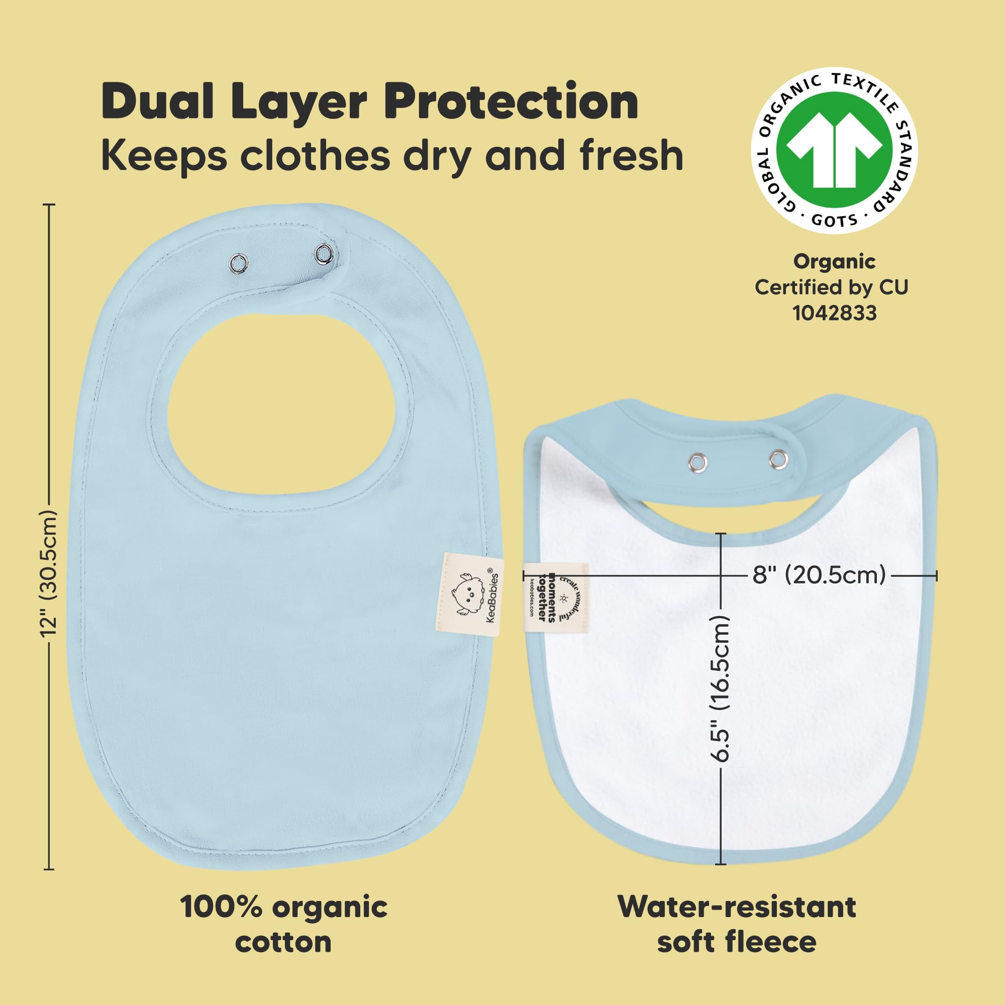 Bibs feature water-resistant backing to help keep outfits drier during drool