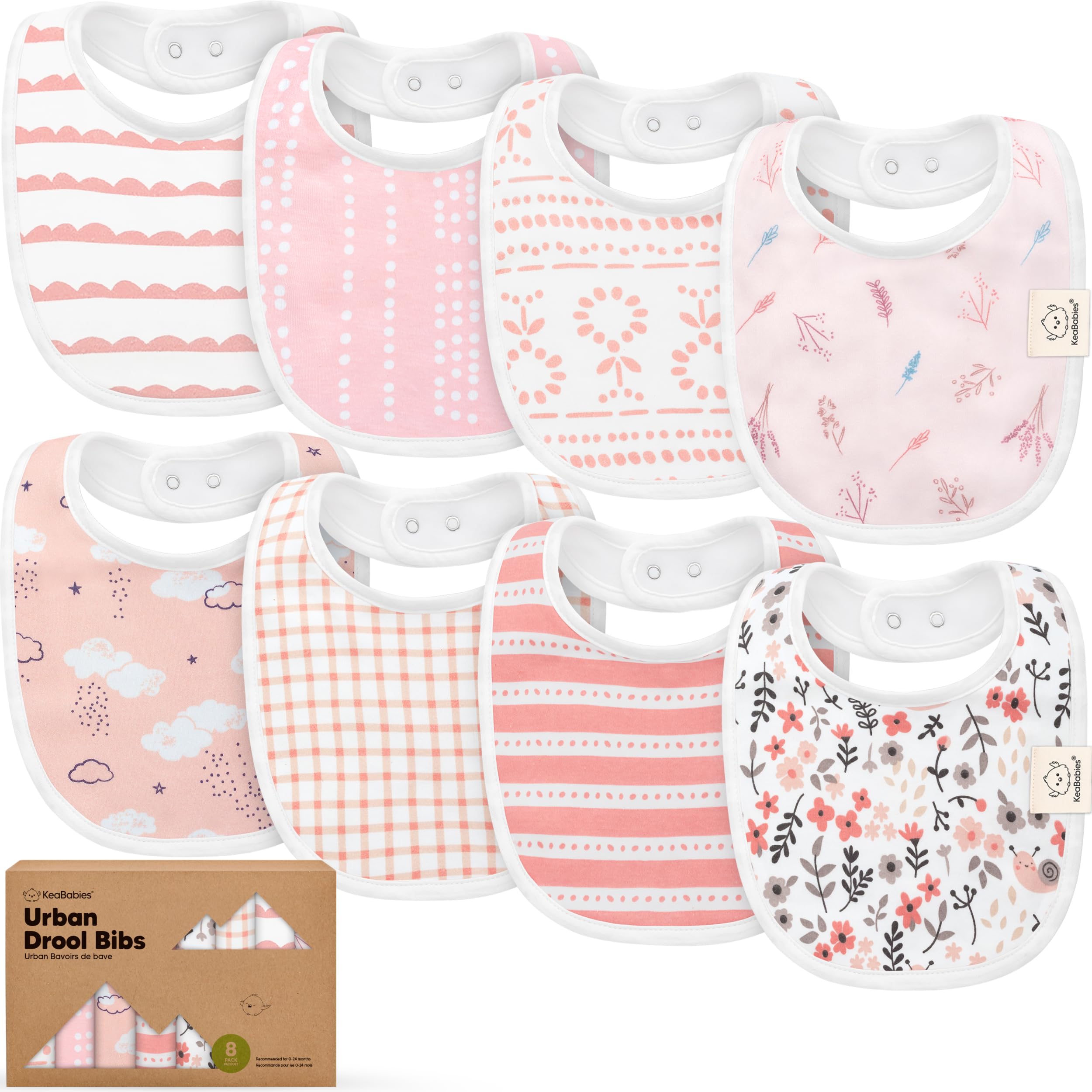 KeaBabies 8-pack organic bibs front view showing versatile unisex style.