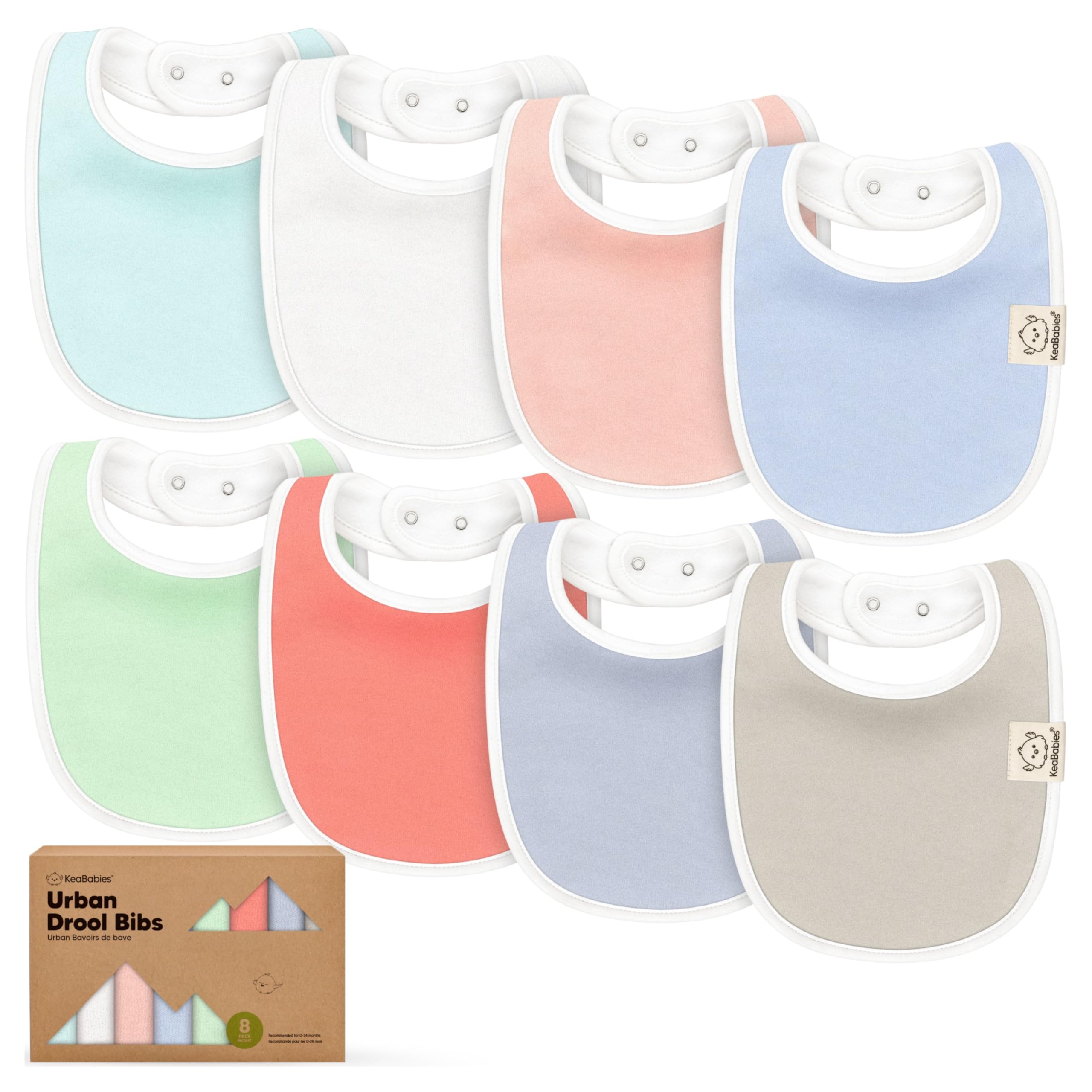 KeaBabies 8-Pack organic bibs in front view, soft cotton for sensitive baby skin.