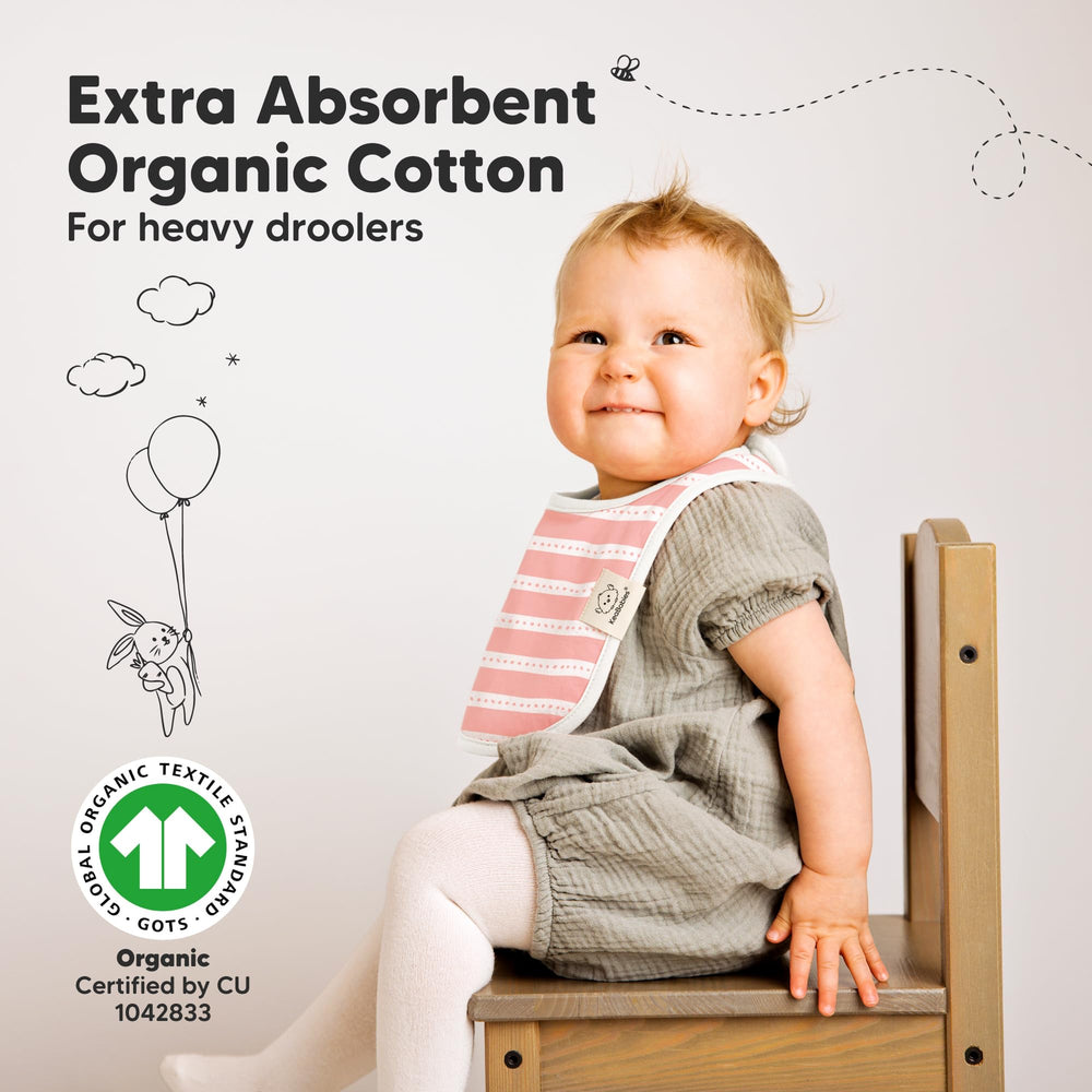 KeaBabies full-coverage bib worn during feeding and teething mess.