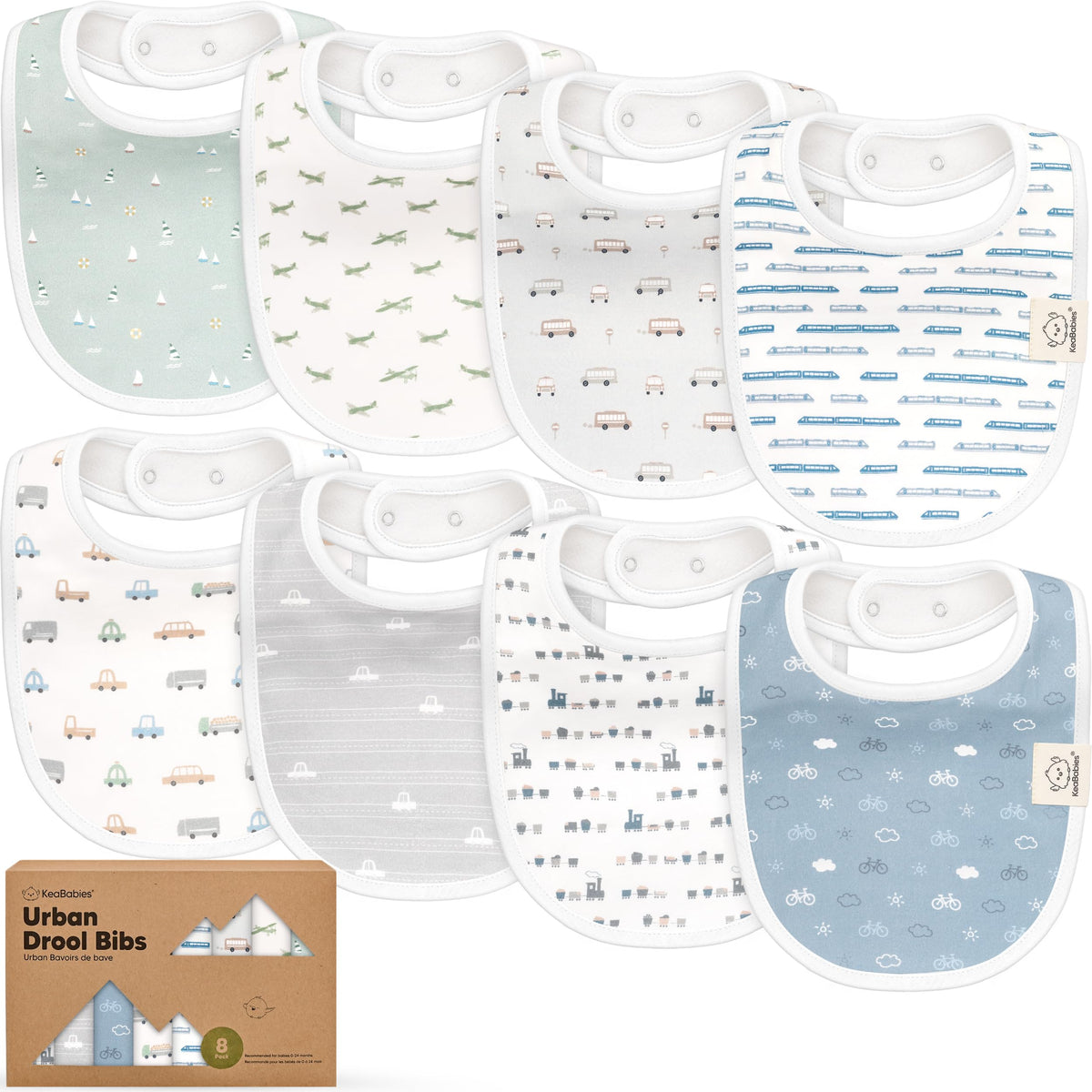 KeaBabies 8-pack organic bibs with unisex design for versatile styling.