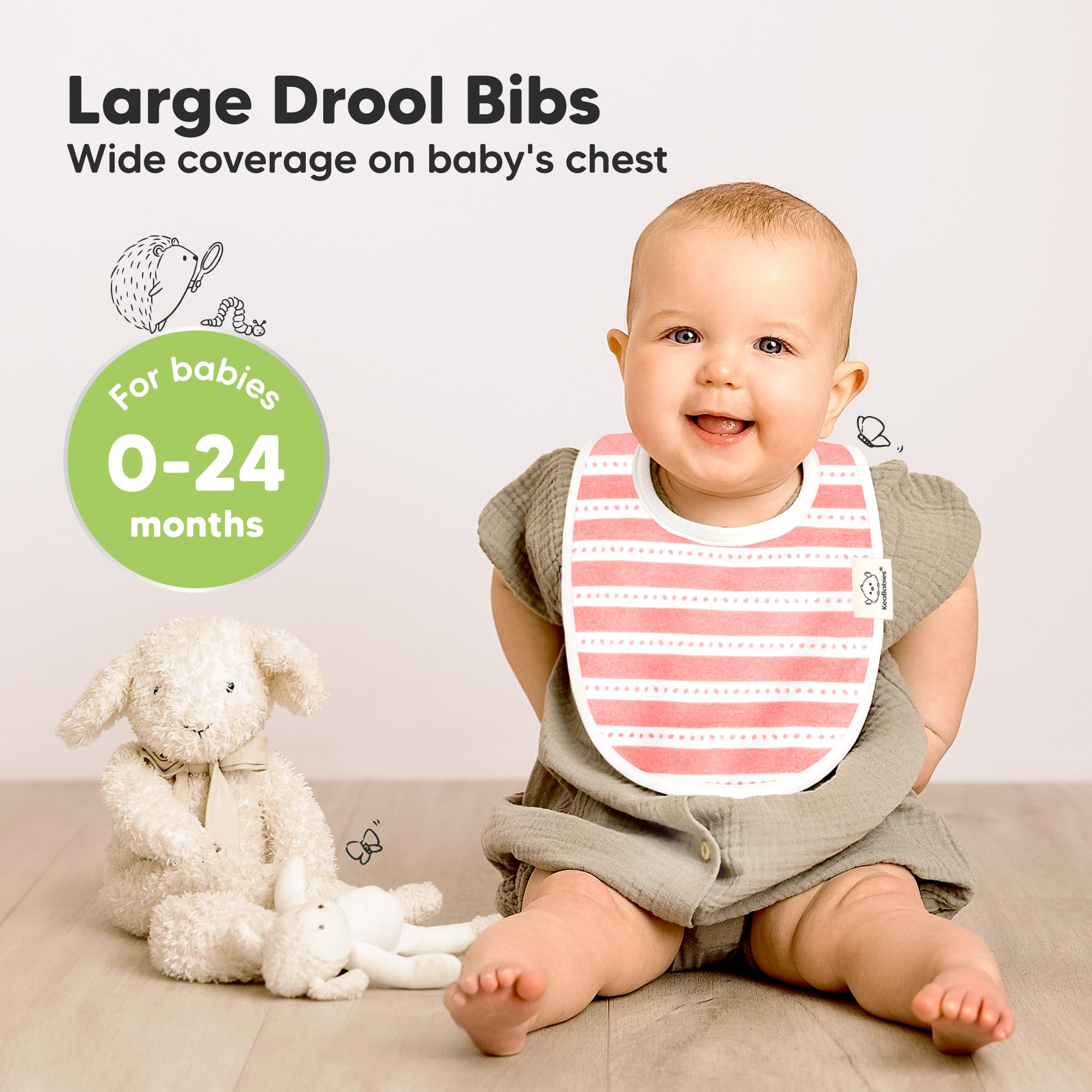 KeaBabies bibs worn by baby demonstrate adjustable snaps for a secure fit.