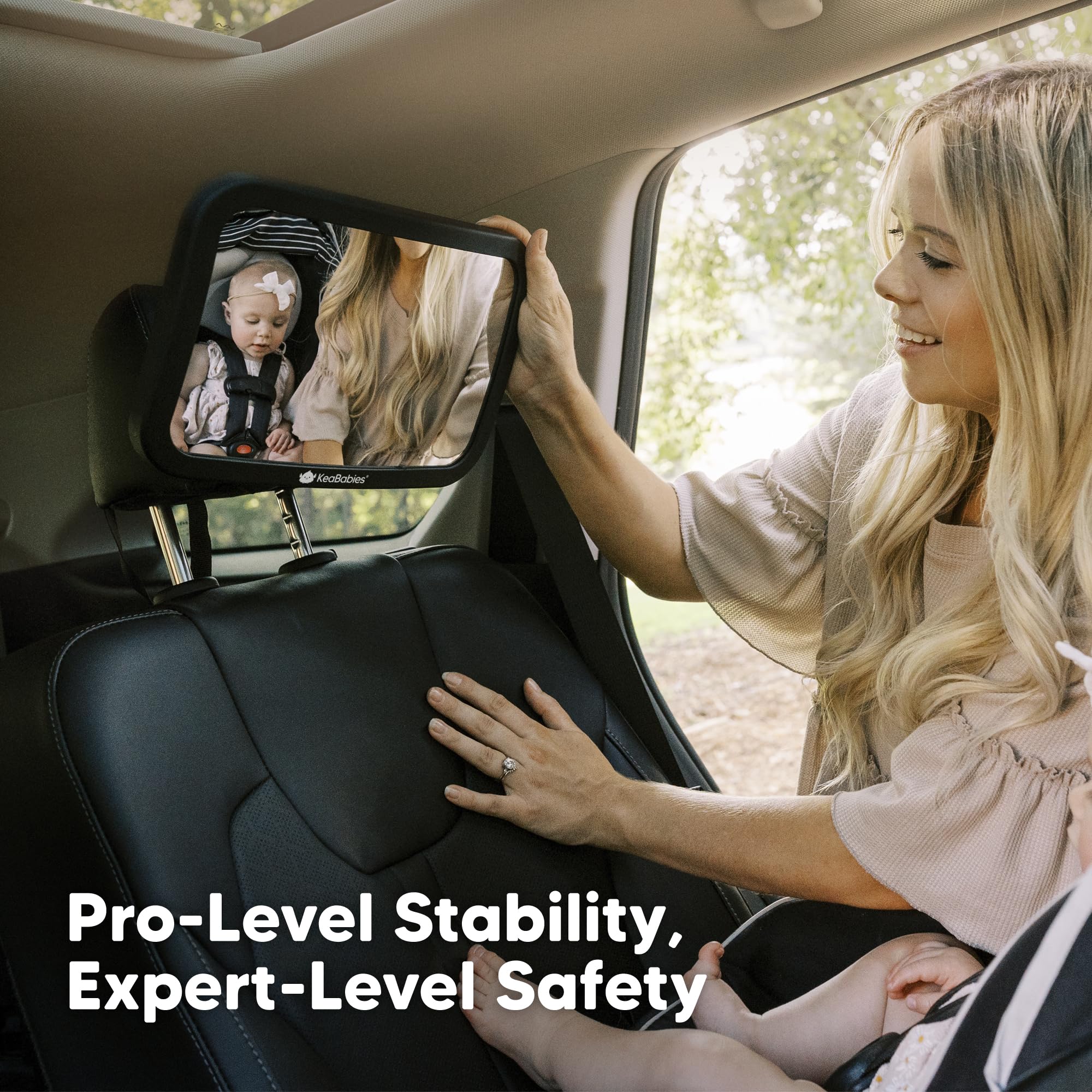 KeaBabies adjustable headrest attachment keeps the mirror steady while driving.