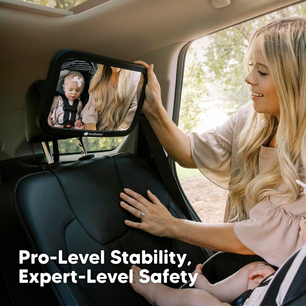KeaBabies adjustable headrest attachment keeps the mirror steady while driving.