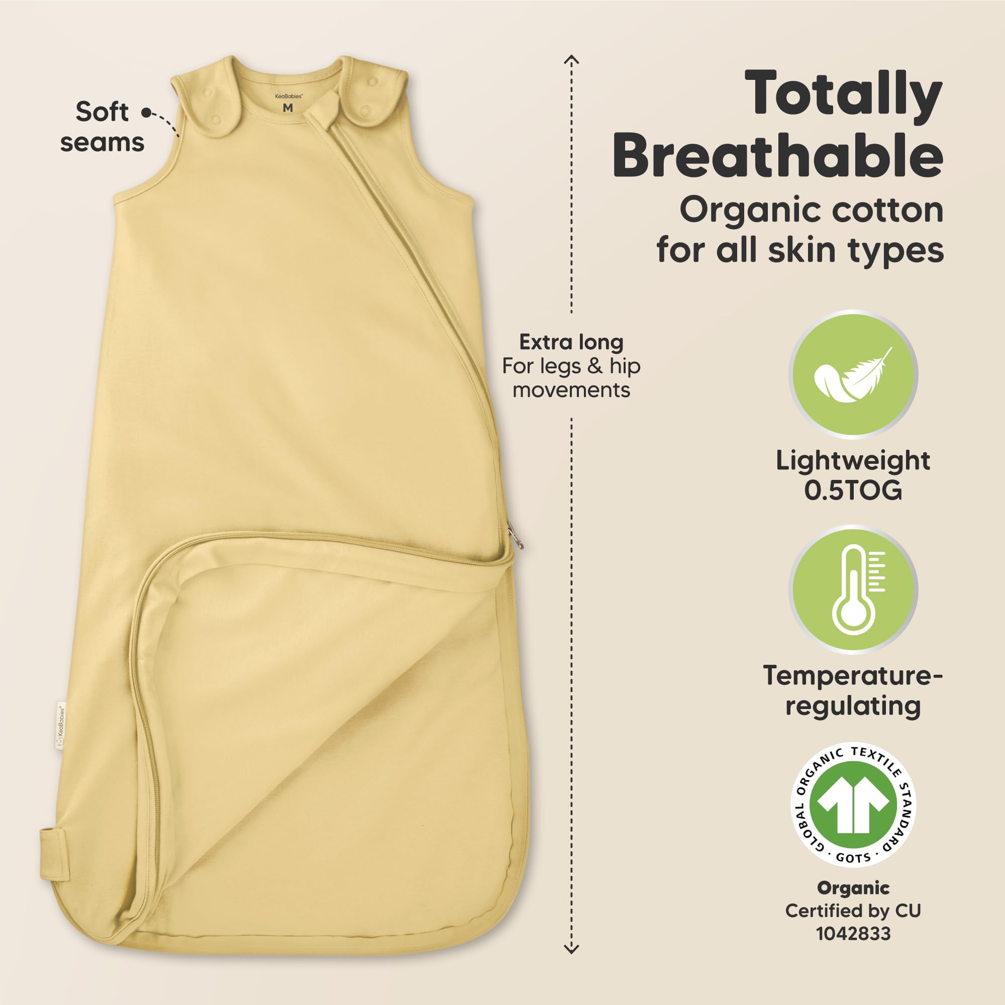 Keababies avocado sleep sack hip room; wide seat for comfortable movement.