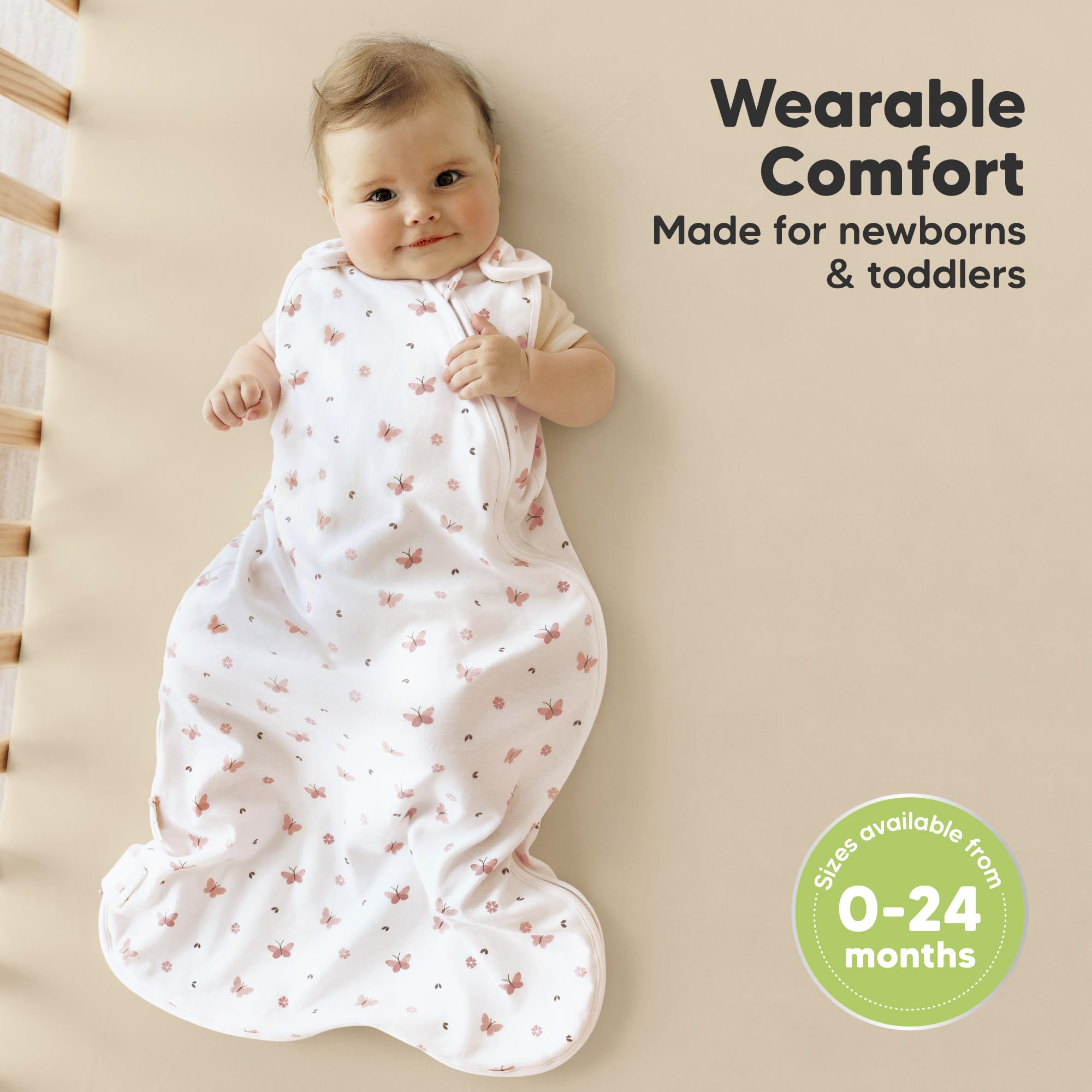 KeaBabies avocado sleep sack side view, roomy hip area for natural movement.