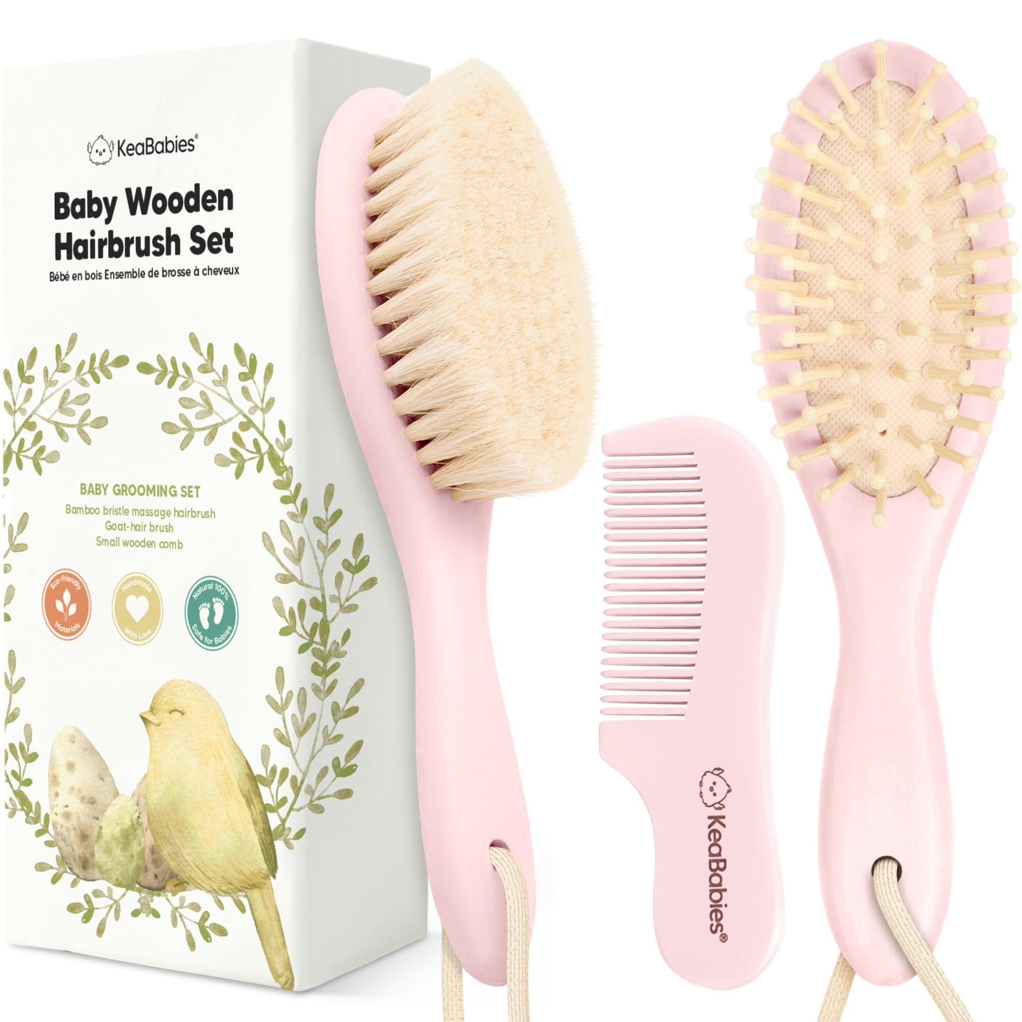 KeaBabies baby hair brush with soft goat bristles for gentle scalp care