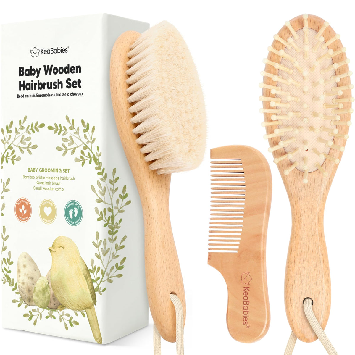 KeaBabies wooden baby hair brush with goat bristles for gentle grooming