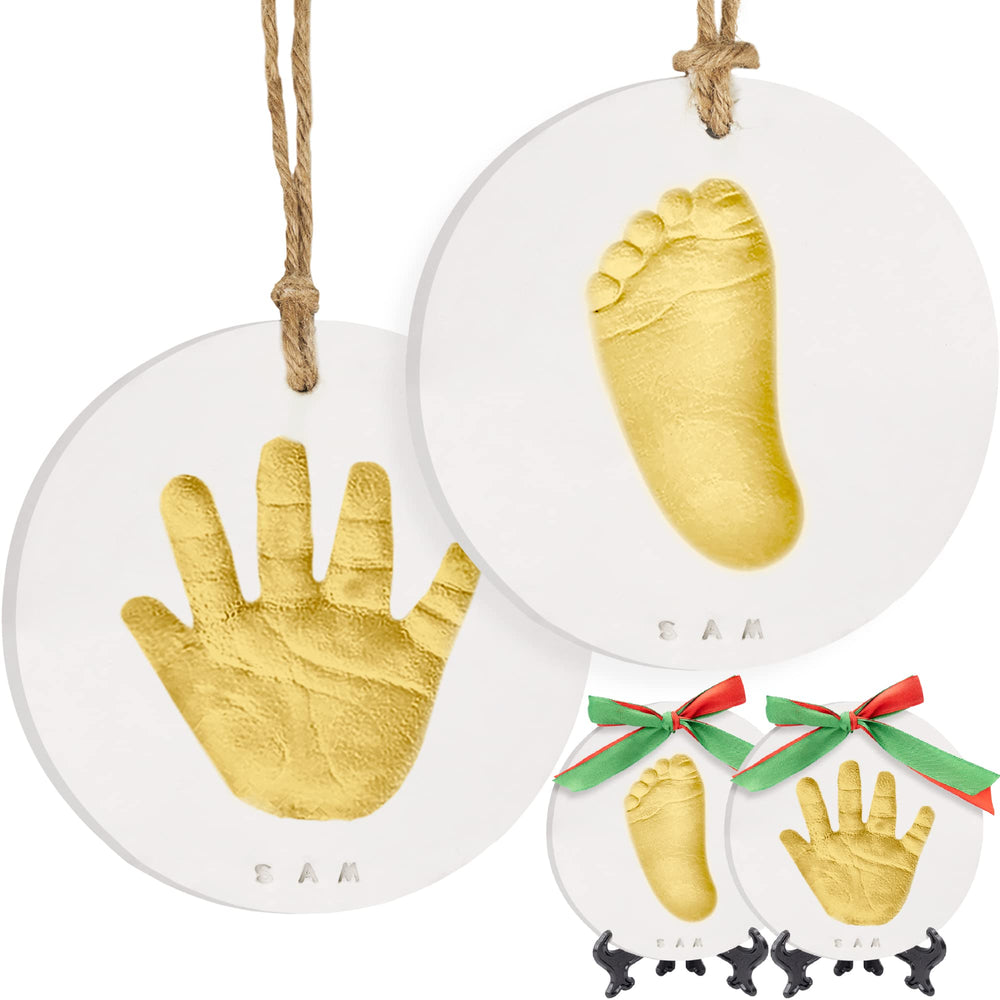 KeaBabies handprint ornament kit with gold paint for baby's first Christmas.