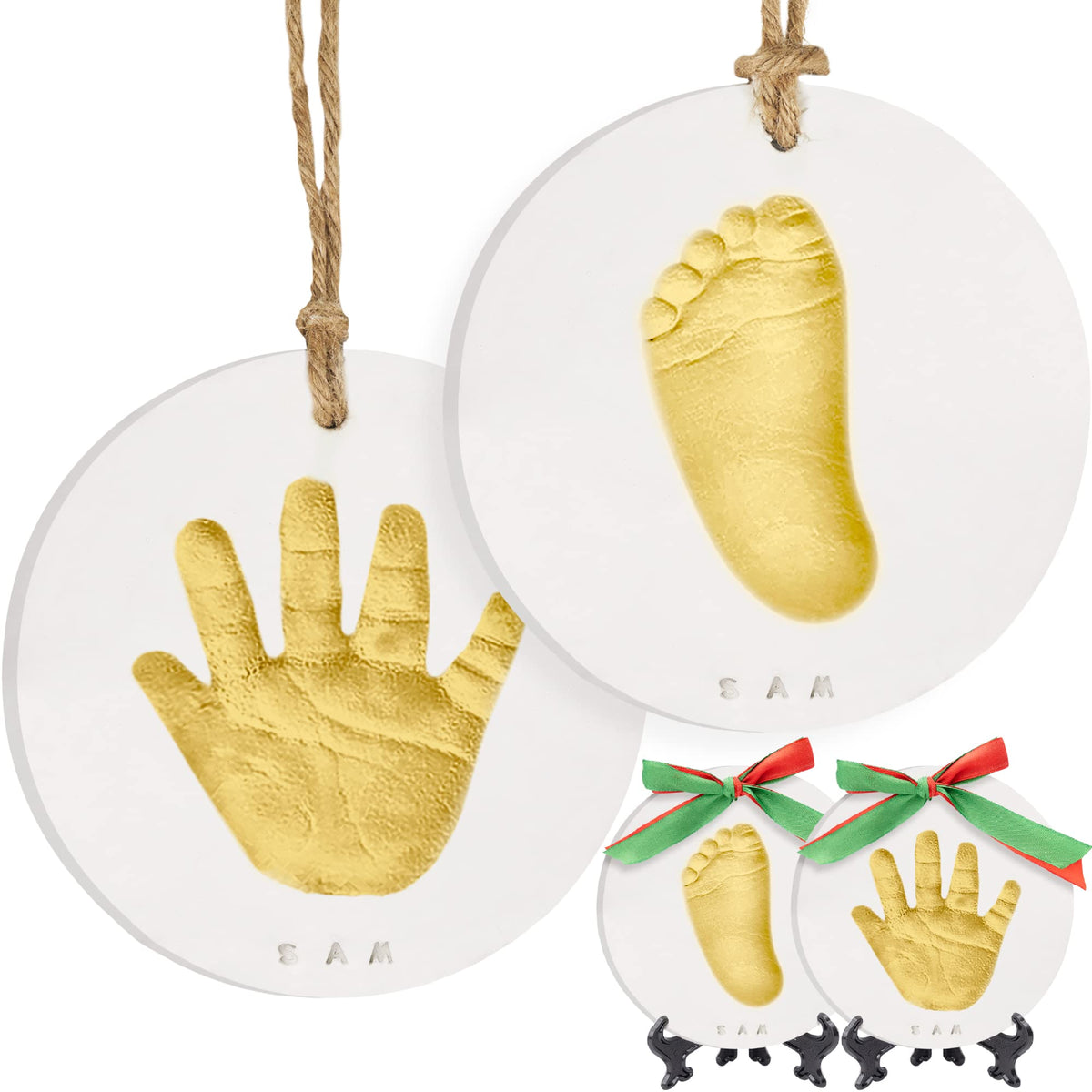 KeaBabies handprint ornament kit with gold paint for baby's first Christmas.