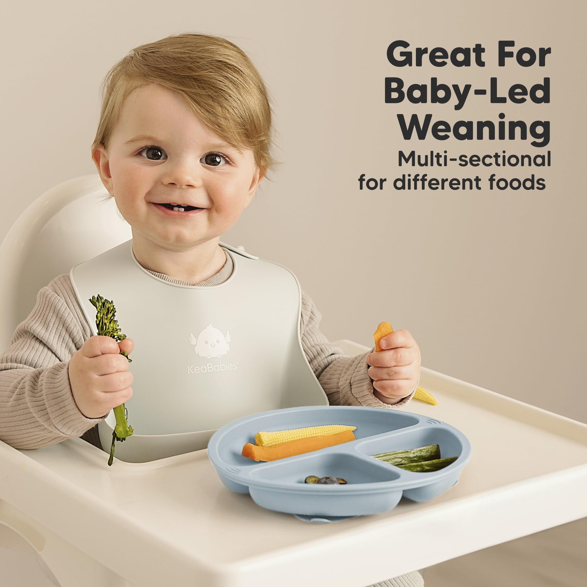 KeaBabies baby-led-weaning-plate supports independent eating through divided sections.