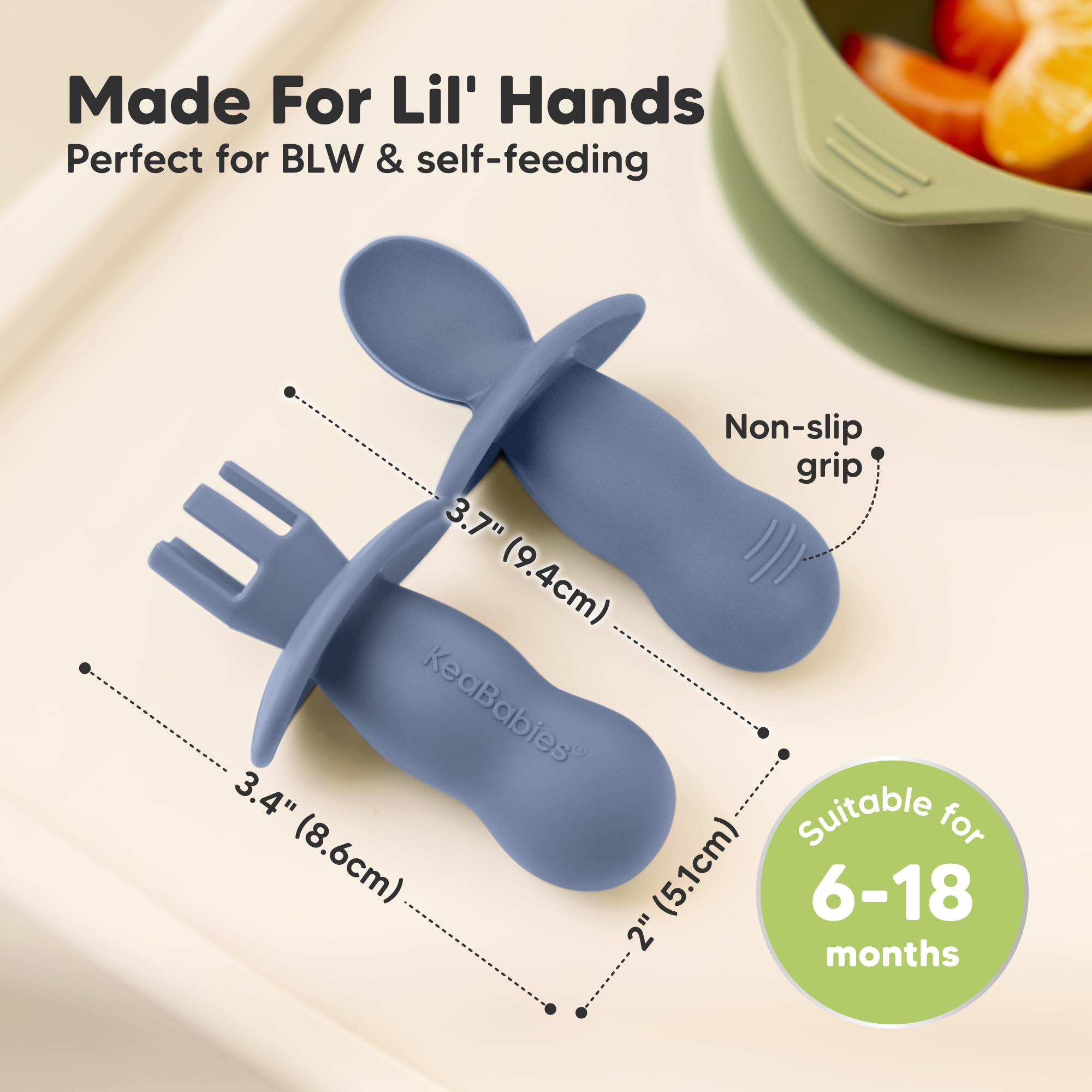 KeaBabies baby-led weaning utensils with anti-choke barrier for safe practice.