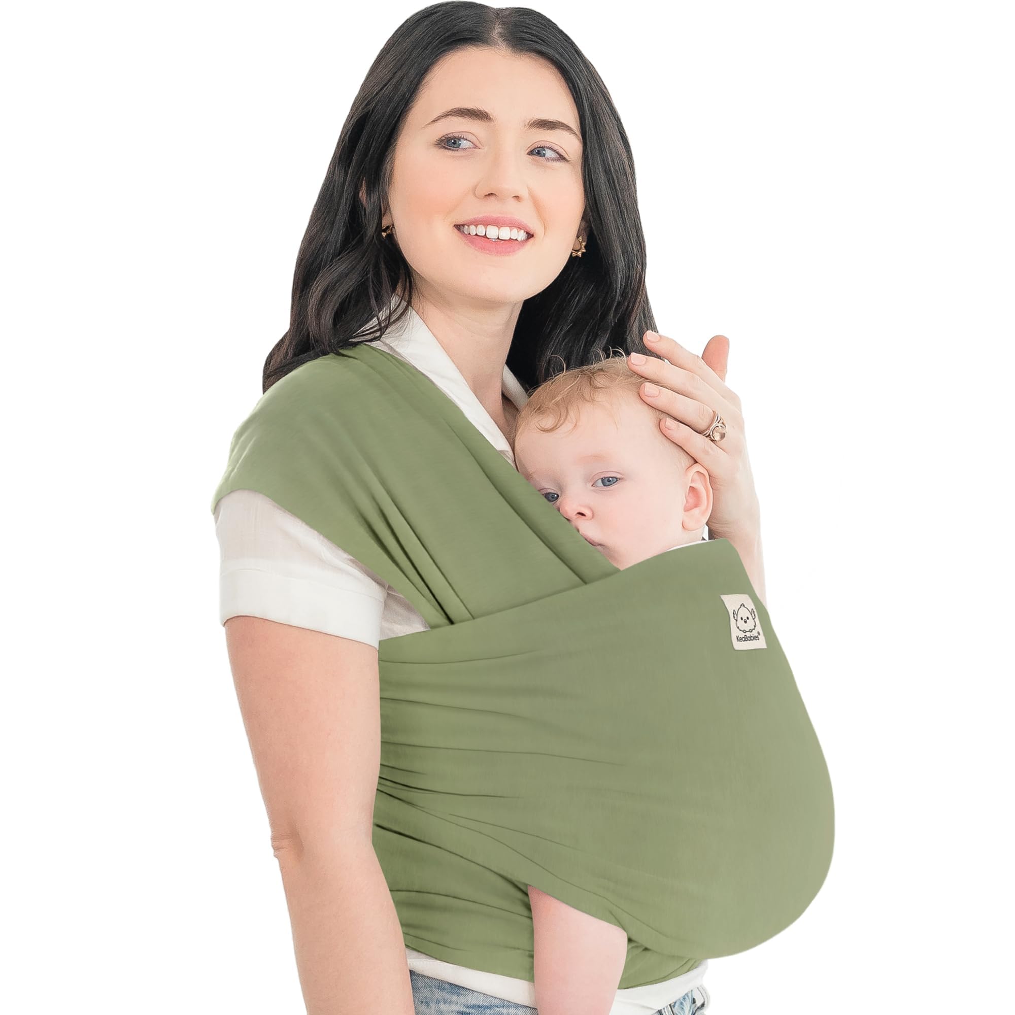 KeaBabies wrap carrier in dusty olive in use, enabling hands-free bonding on the go.