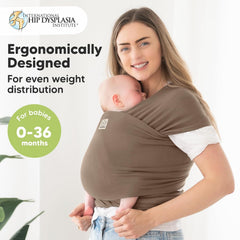 KeaBabies ergonomic wrap highlights back support during wear and easy movement for parents.