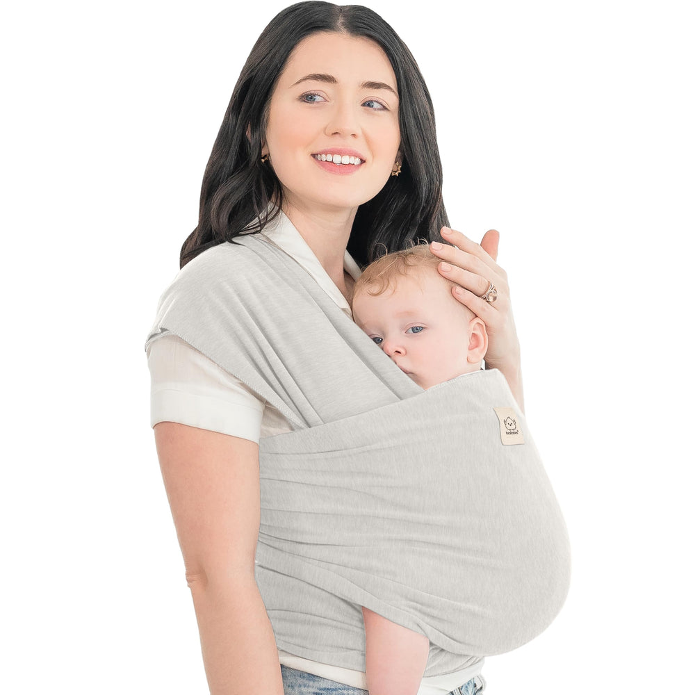 KeaBabies Rhino Gray wrap worn for comfortable all-day wearing.