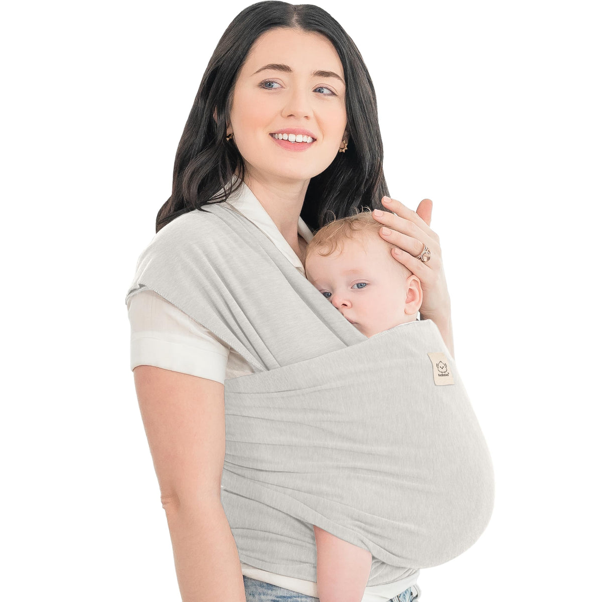 KeaBabies Rhino Gray wrap worn for comfortable all-day wearing.