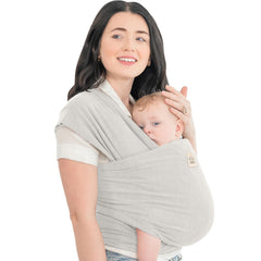 KeaBabies Rhino Gray wrap worn for comfortable all-day wearing.