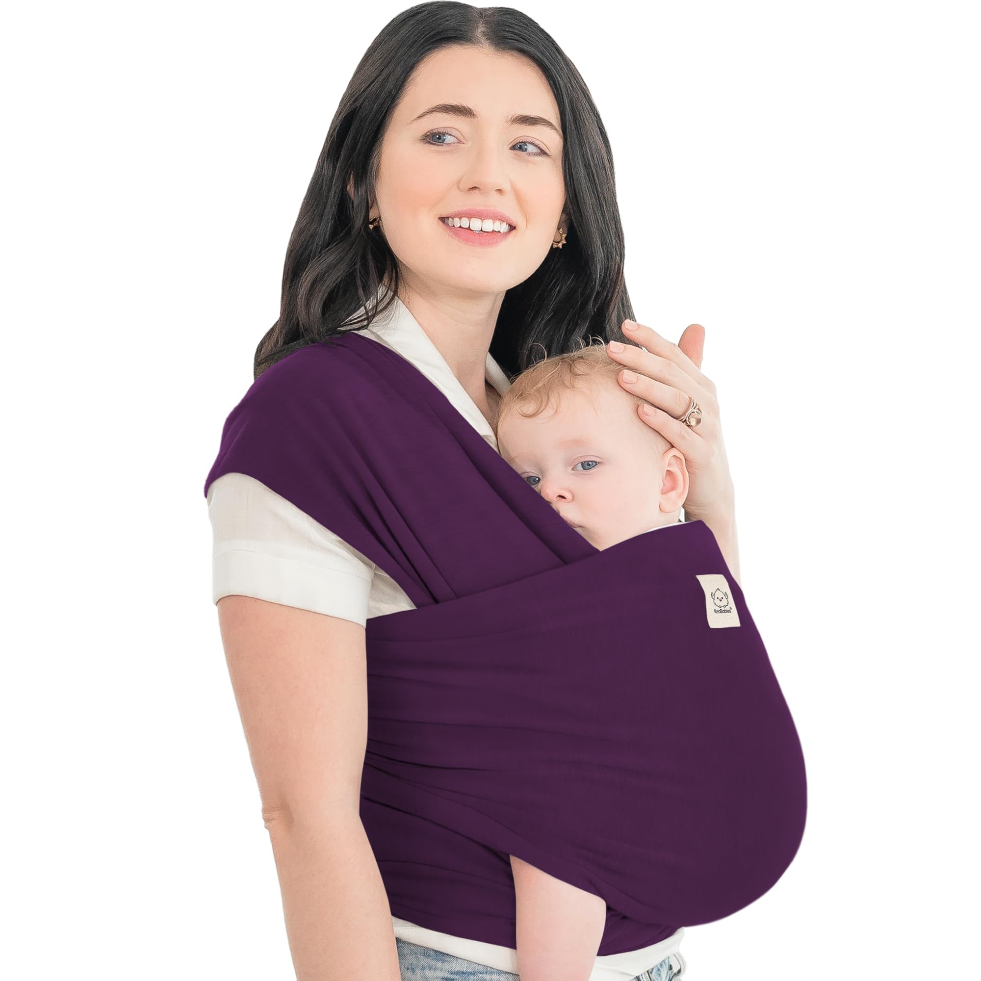 KeaBabies Royal Purple wrap on-the-go with baby, highlighting hands-free bonding