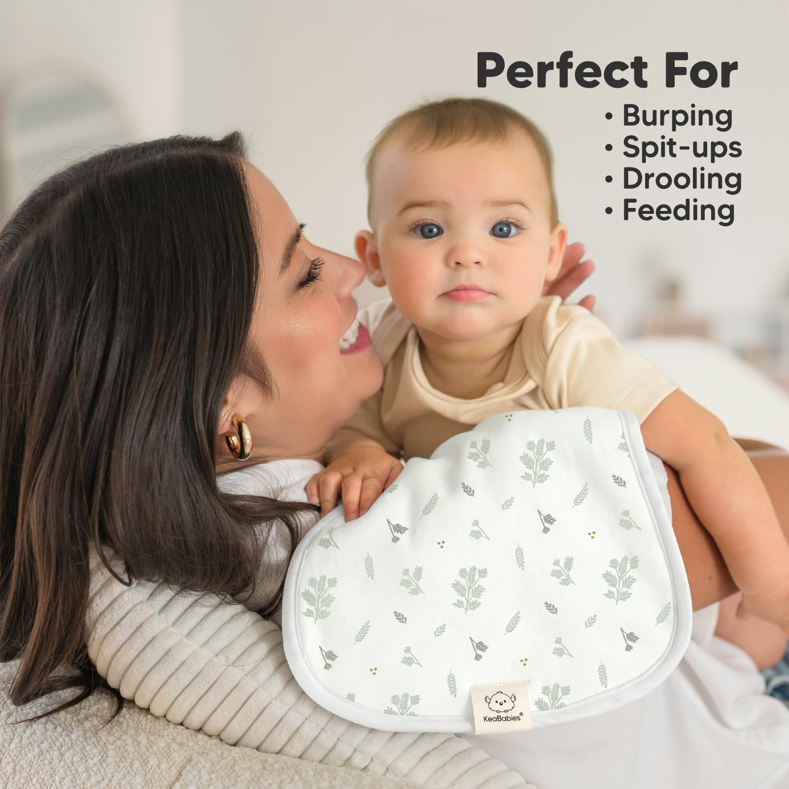 KeaBabies Burp Cloths 21x10 inches offer wide shoulder coverage.