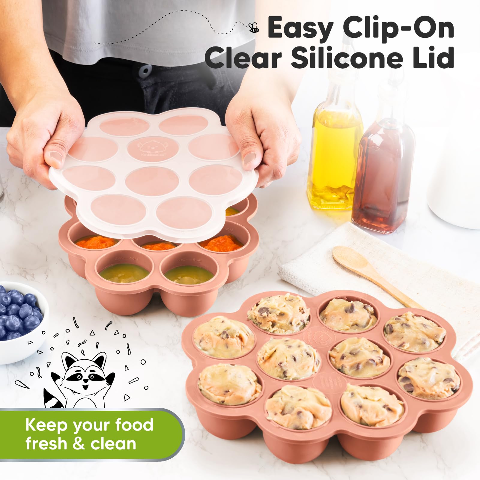 KeaBabies clip-on lid keeps contents fresh and organized in the freezer.
