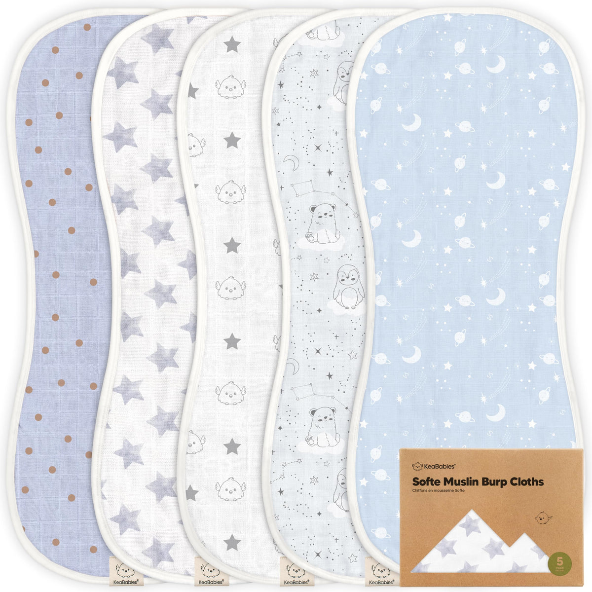 KeaBabies constellation burp cloths in a 5-pack showing soft bamboo-cotton fabric