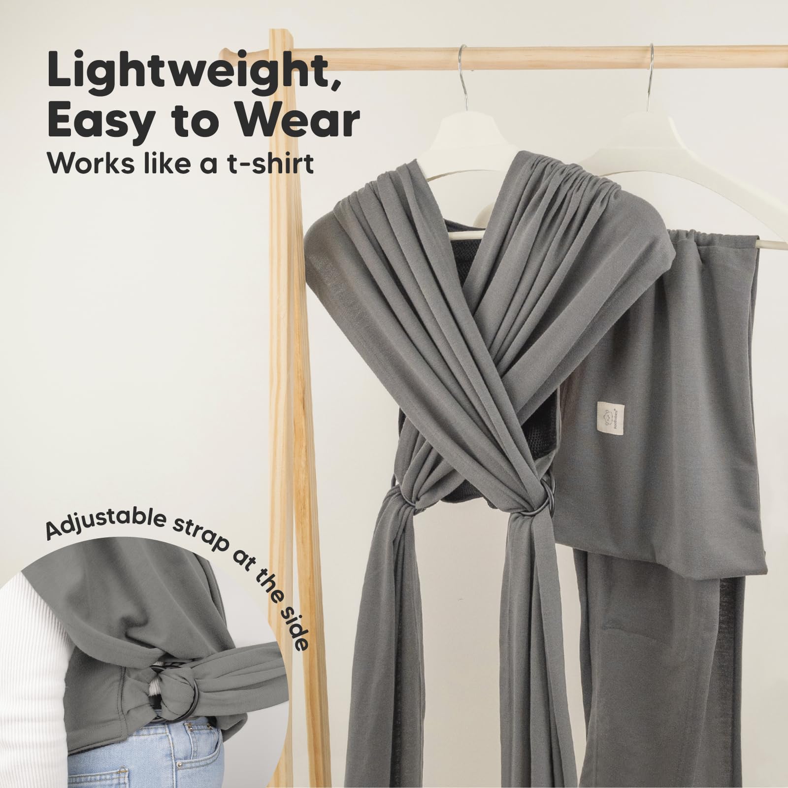 KeaBabies D-Lite wrap graphite back panel highlights cushioned support for parent comfort.