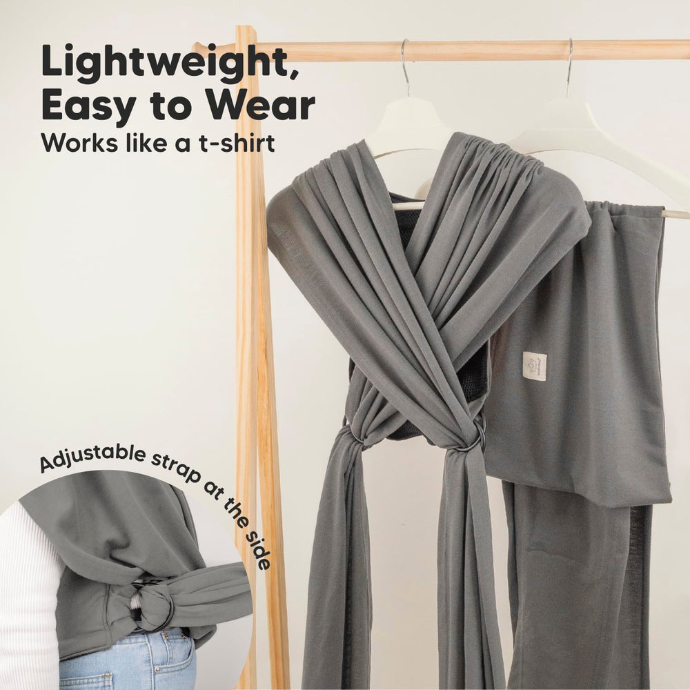 KeaBabies D-Lite wrap graphite back panel highlights cushioned support for parent comfort.