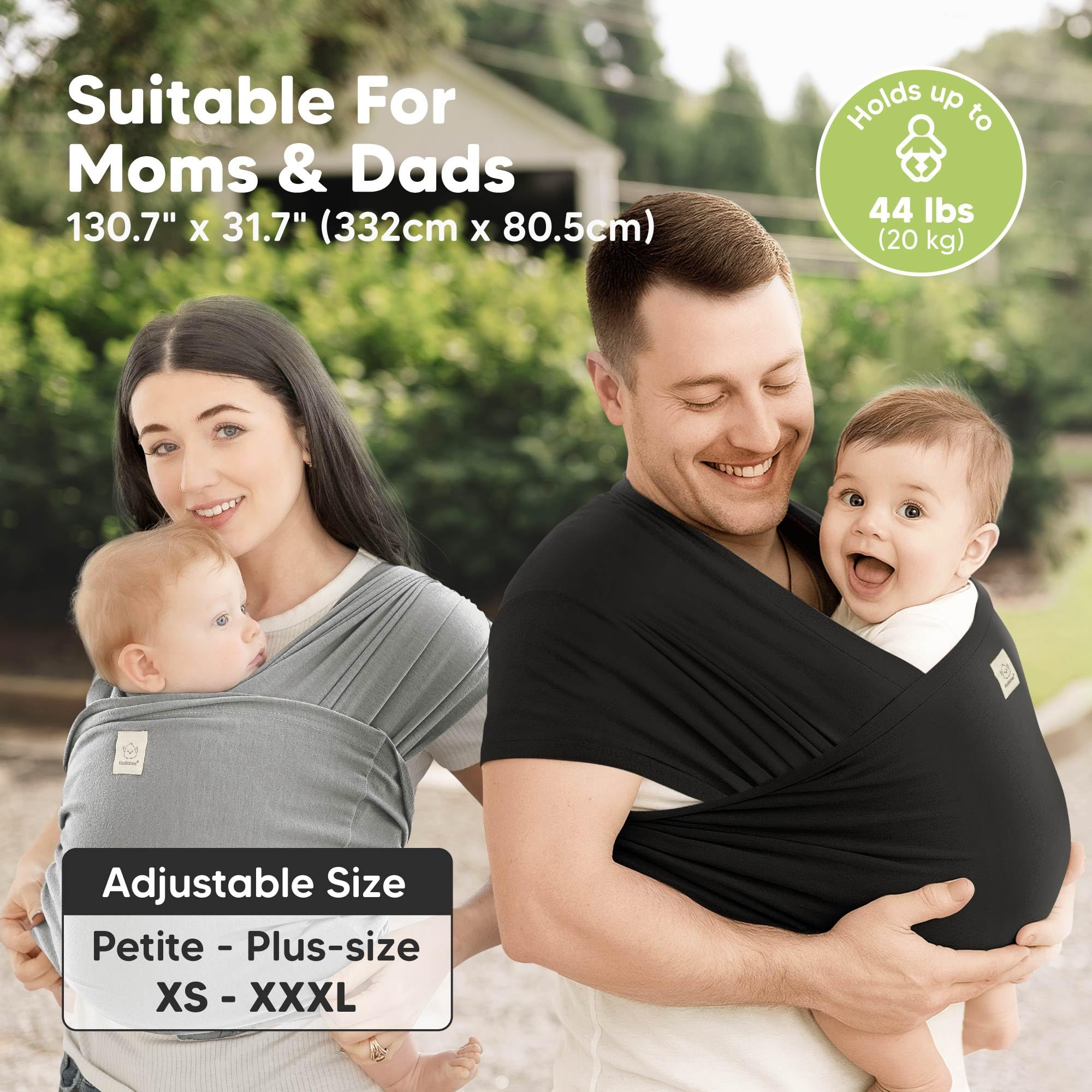 KeaBabies D-Lite wrap graphite infant carry position shows ergonomic cradle.