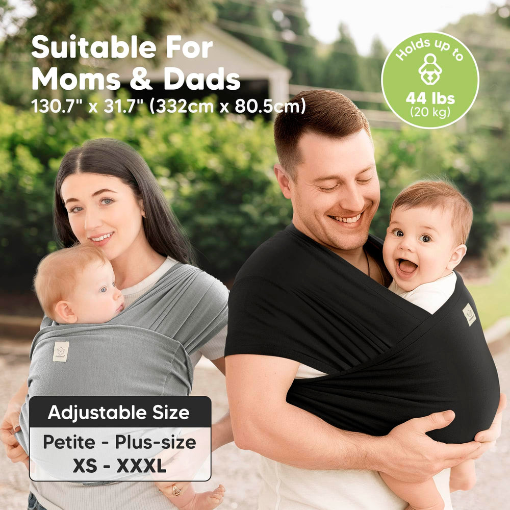 KeaBabies D-Lite wrap graphite infant carry position shows ergonomic cradle.