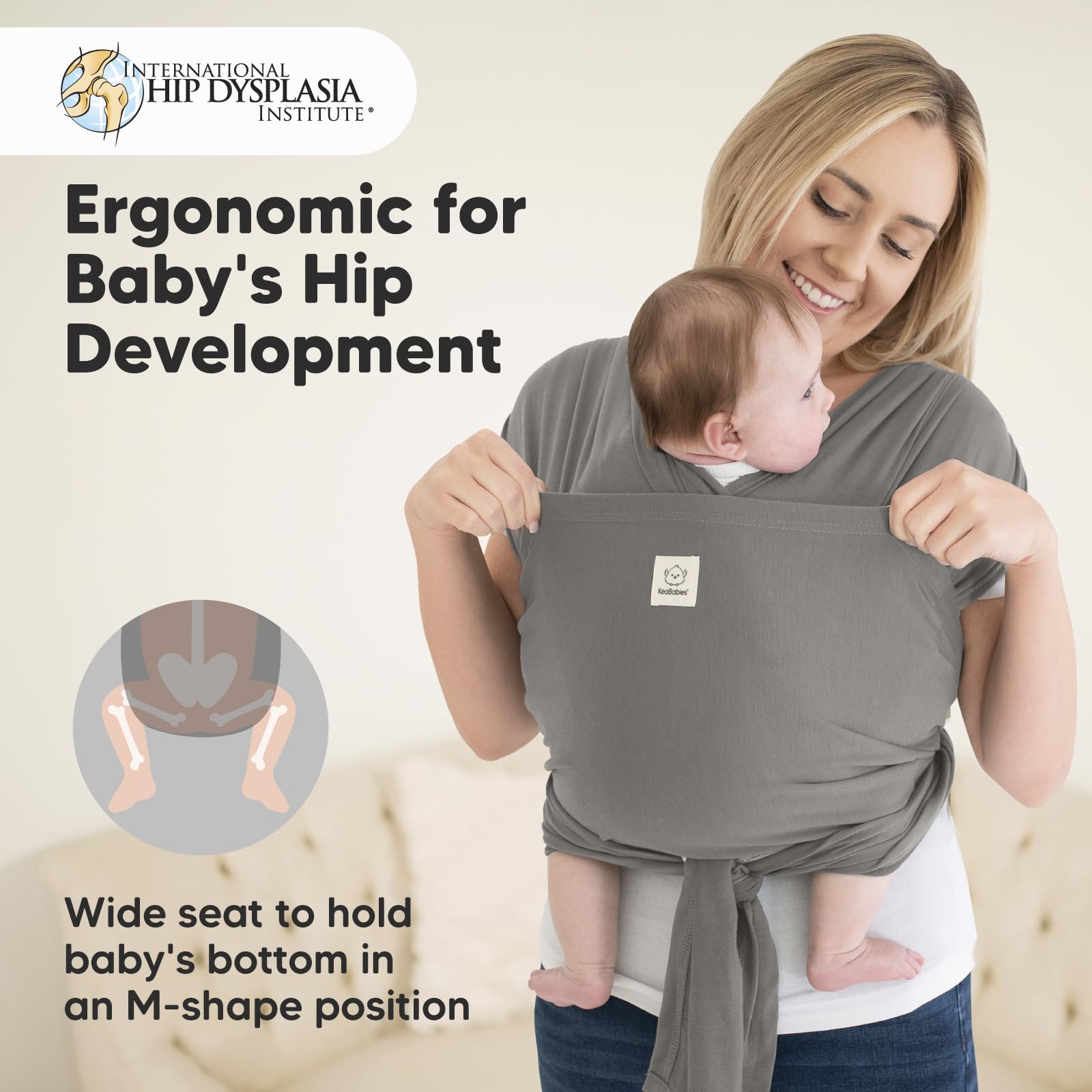 KeaBabies D-Lite wrap graphite infant carry demonstrates snug fit and gentle support.